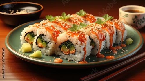 Tempura maki rolled on a ceramic plate. Hot sushi with salmon, crab and cucumber inside, spicy mayo on top.