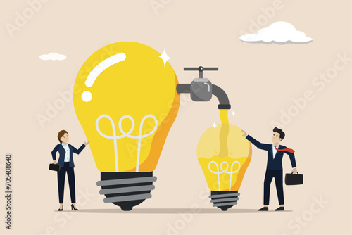 Sharing idea or knowledge sharing, transfer wisdom to employees or colleagues, learning new skills concept, business people transfer idea to new lightbulb.
