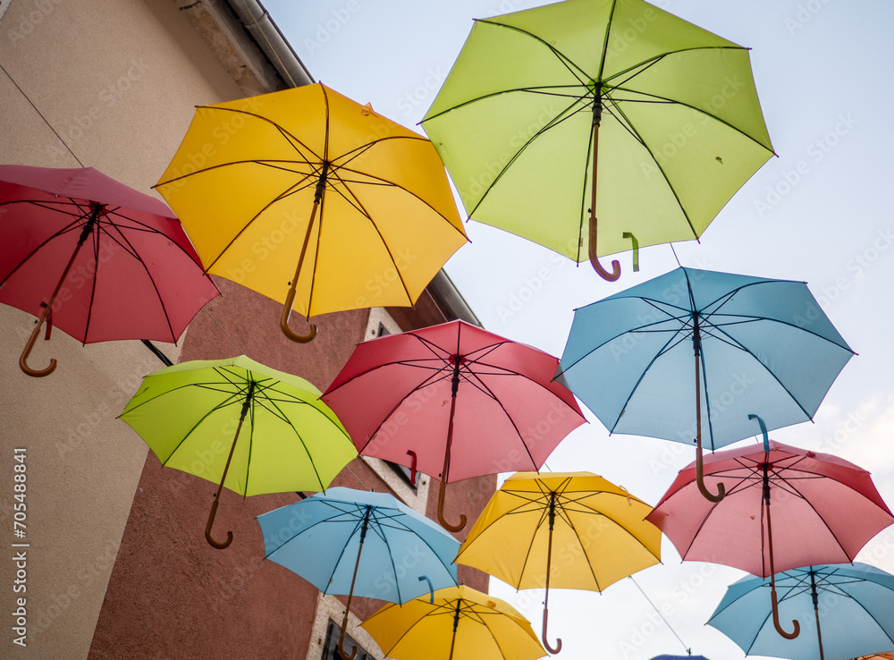 colorful umbrellas in the city Novigrad, Croatia