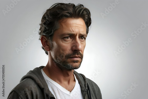 Portrait of a middle-aged man with a sad expression on his face. Isolated against a plain background. Studio photography. Promotional image.