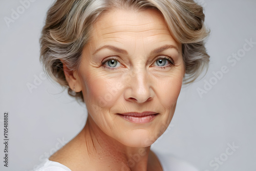 Studio portrait of a sophisticated elderly woman with short grey hair and blue eyes.