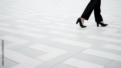 Stark contrast of black shoes on a white path  emphasizing simplicity and form