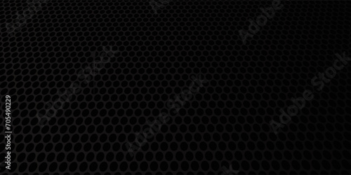 Dark grey abstract wide horizontal banner with hexagon carbon fiber grid and orange luminous lines. Technology vector background modern