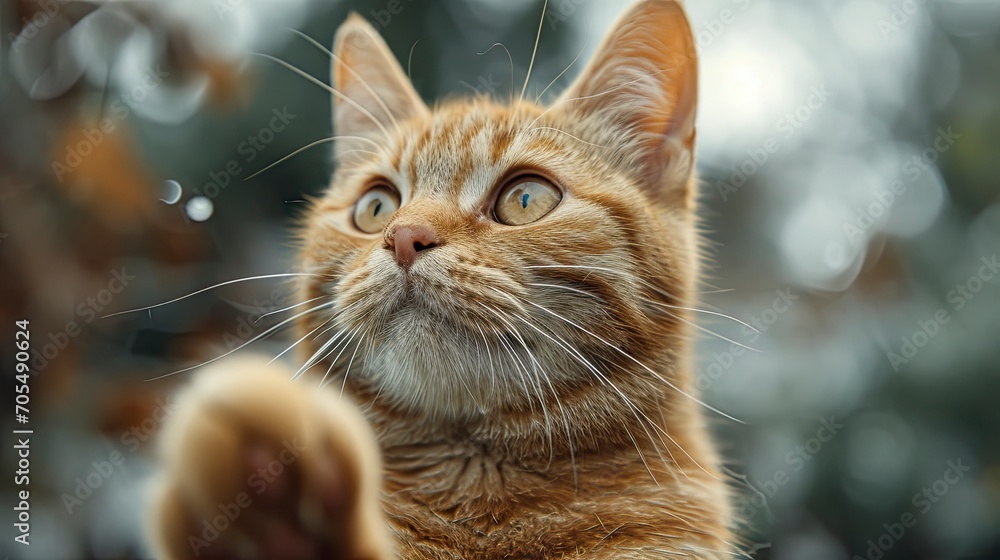 Ginger Cat Sits Back Raised Paw, Desktop Wallpaper Backgrounds, Background HD For Designer