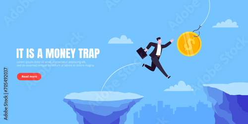 Money trap business concept. Young adult businessman running to catch the money flat style design vector illustration. Metaphor of greedy financial risk and bad solutions.