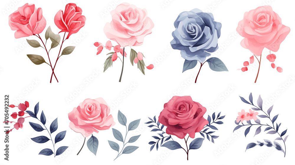 Watercolor elements pink, red and blue roses on a white background Watercolor elements pink, red and blue roses on a white background