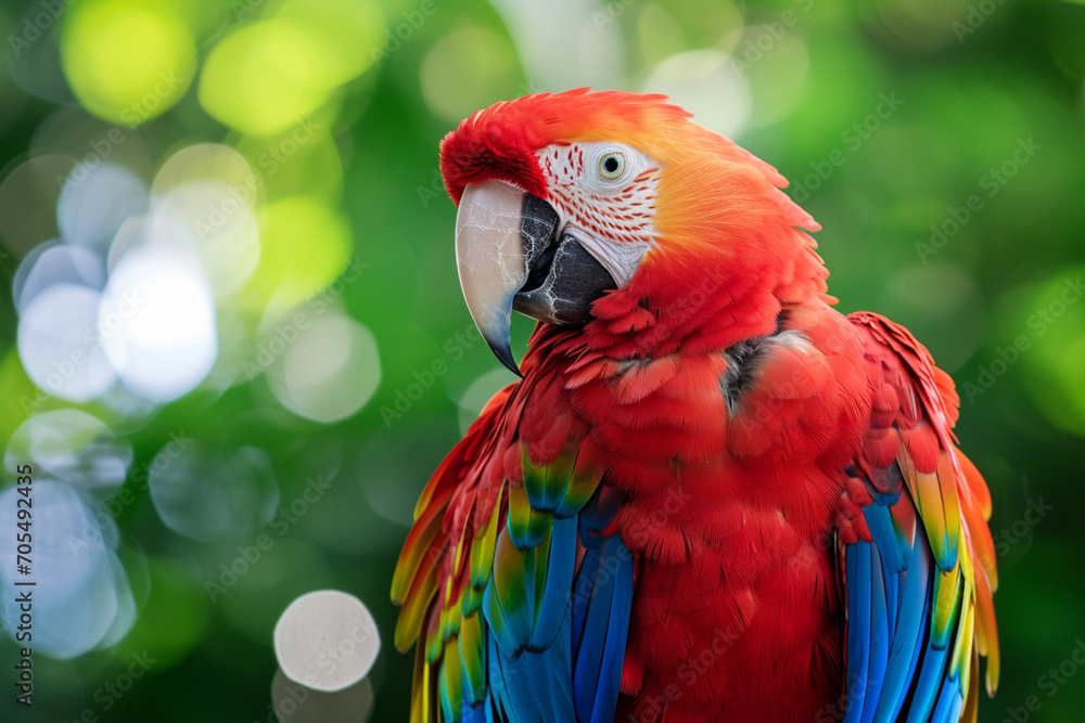 Red Macaw Perched in Lush Green Tropical Forest