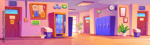 Empty school hallway with doors to classrooms, lockers and vending machine, noticeboard with bulletin and bell. Cartoon vector illustration of corridor interior of elementary or high school building.
