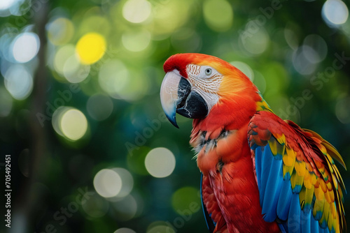 Red Macaw Perched in Lush Green Tropical Forest