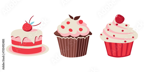 Hand Drawn Sweet Delicious Mini Cake and Cupcake. Cartoon Vector Illustration.