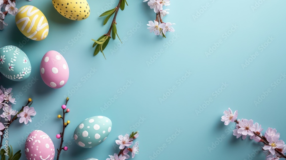 A beautiful Easter background featuring colorful eggs in pastel hues, arranged in a top view on a light blue background, with ample copy space A beautiful Easter background featuring colorful eggs in pastel hues, arranged in a top view on a light blue background, with ample copy space