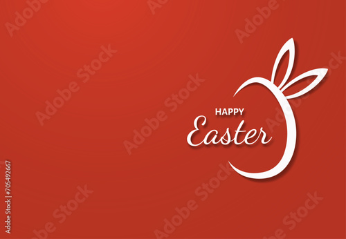 Postcard with Easter bunny ears cut out of white paper on a red background. Happy Easter.