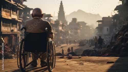 Elderly man in a wheelchair in front of the ruins destroyed in the war