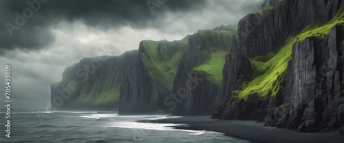 Fényképezés Dark Norwegian cliffs and cloudy sky. Black sand and dark sea.