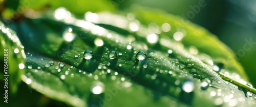 Dew drops on the morning leaf of the plant, bright sun © Павел Кишиков