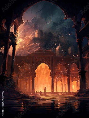 digital painting Majid Majid, the pillars of the mosque are beautiful, the features are soft, the environment is a heavenly forest with trees and vines made of nebulae and stars - generative ai photo