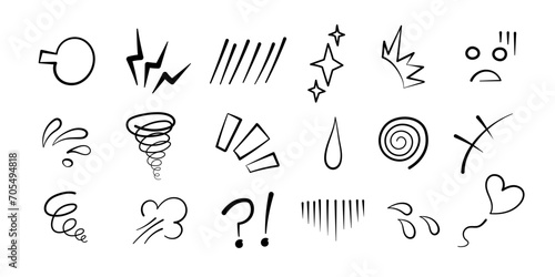Manga or anime comic emoticon element graphic effects hand drawn doodle vector illustration set isolated on white background. Cartoon style manga doodle line expression scribble anime mark collection.