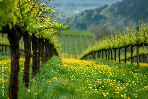 Row of bushes with green leaves on grape plantation against hill in spring time