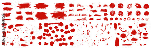 Abstract vector grungy hand drawn red blood textures. Lines  circles  liquid paint  smears. Hand drawn bloody elements. Vector grunge isolated spots  punk style splashes  splatter  pray drip texture