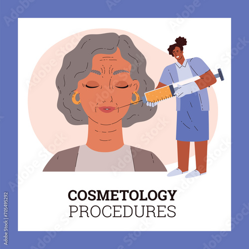 Woman getting procedure of facial beauty injection for skin rejuvenation, correction downturned mouth vector poster
