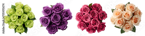 Collection set of dark pink  green purple violet peach bouquet bunch of rose roses flower floral top view on transparent background cutout  PNG file. Mockup template artwork graphic design