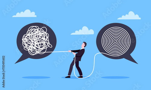 Unravel business chaos process with tangle difficult problem mess business concept flat style design vector illustration. Chaos to order, complex to simple metaphor with person trying solve mess cable photo