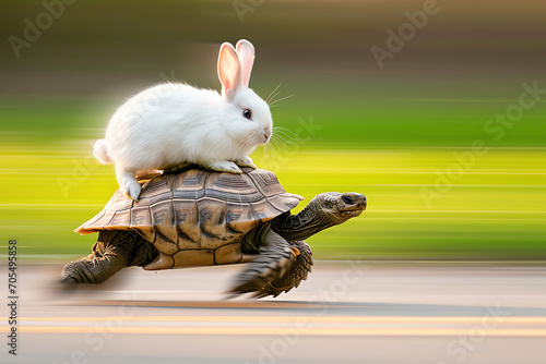 fast turtle carrying a rabbit on its back, AI generated photo