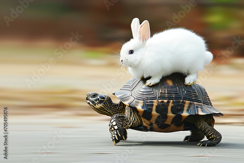 a turtle carrying a rabbit on its back, AI generated photo