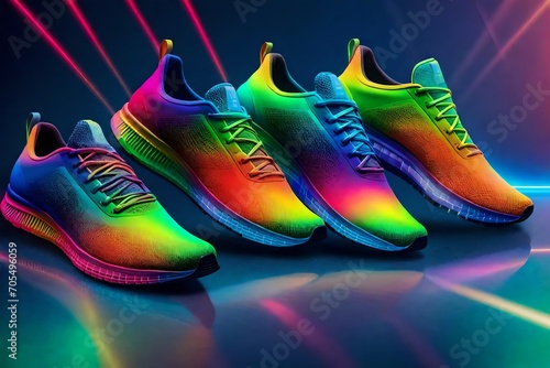 jogging shoes with a vibrant rainbow gradient on a crystal-clear background.