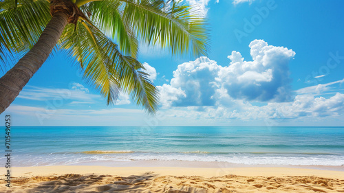 Palm tree on tropical beach with blue sky  white clouds  beach sand  summer background for reservation  summer holidays enjoyment concept