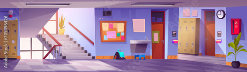 Modern school hall with lockers. Vector cartoon illustration of large corridor with green plants, information board on wall, drinking water fountain, metal cabinets, classroom doors, sunlit staircase
