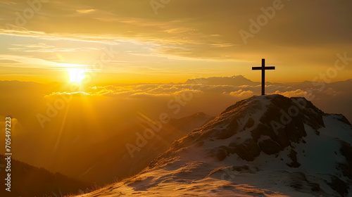 Cross At Sunset in a mountain. Crucifixion Of Jesus Christ. Easter