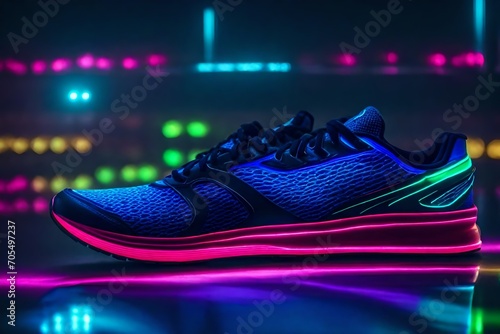 a futuristic image of jogging shoes with neon lights on a transparent floor.