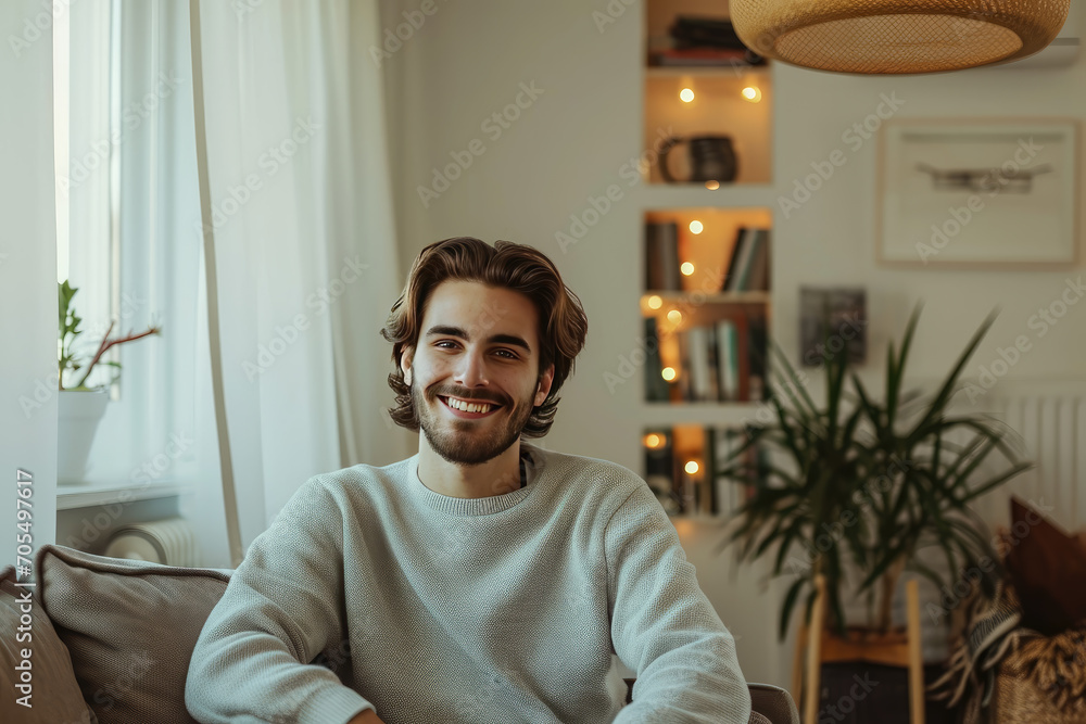 Elegant Young Man in Well-Lit Living Space Elegant Young Man in Well-Lit Living Space