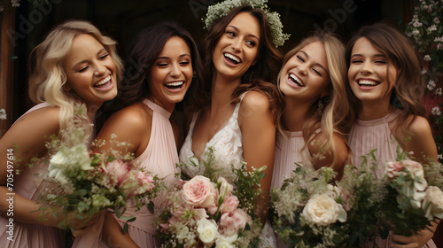 The bride and bridesmaids along with flowers