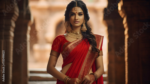 Young indian bride with temple background wearing red traditional saree