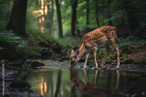 Young Deer Reflecting in Calm Forest Waters at Dusk