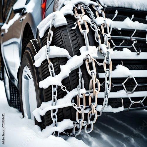 Snow-covered tire chains on a vehicle.