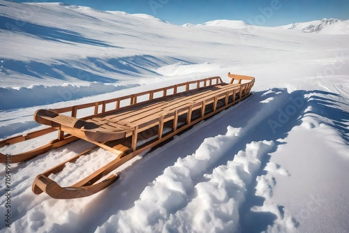 A wooden sled with fresh tracks.