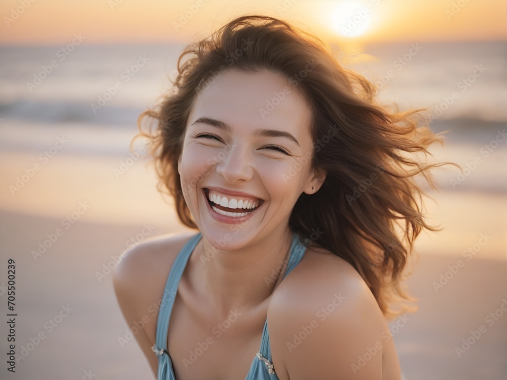 Young woman laughing happily at the seaside beach at sunset Young woman laughing happily at the seaside beach at sunset