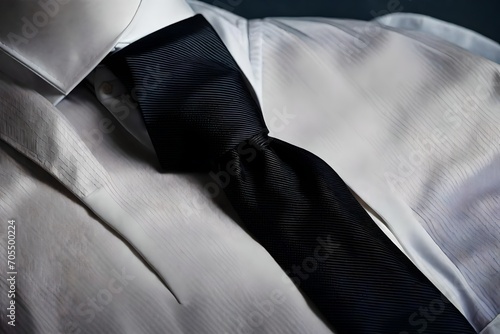 Classic black silk tie paired with a crisp white dress shirt.