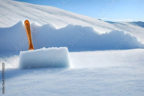 Close-up of a frosty snow shovel.
