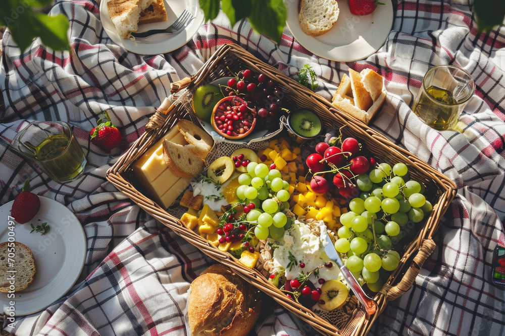 Picnic basket with various of delicious food and drinks on beautiful red cloth blanket on a beautiful meadow, happy lunch time, top view, relax time.