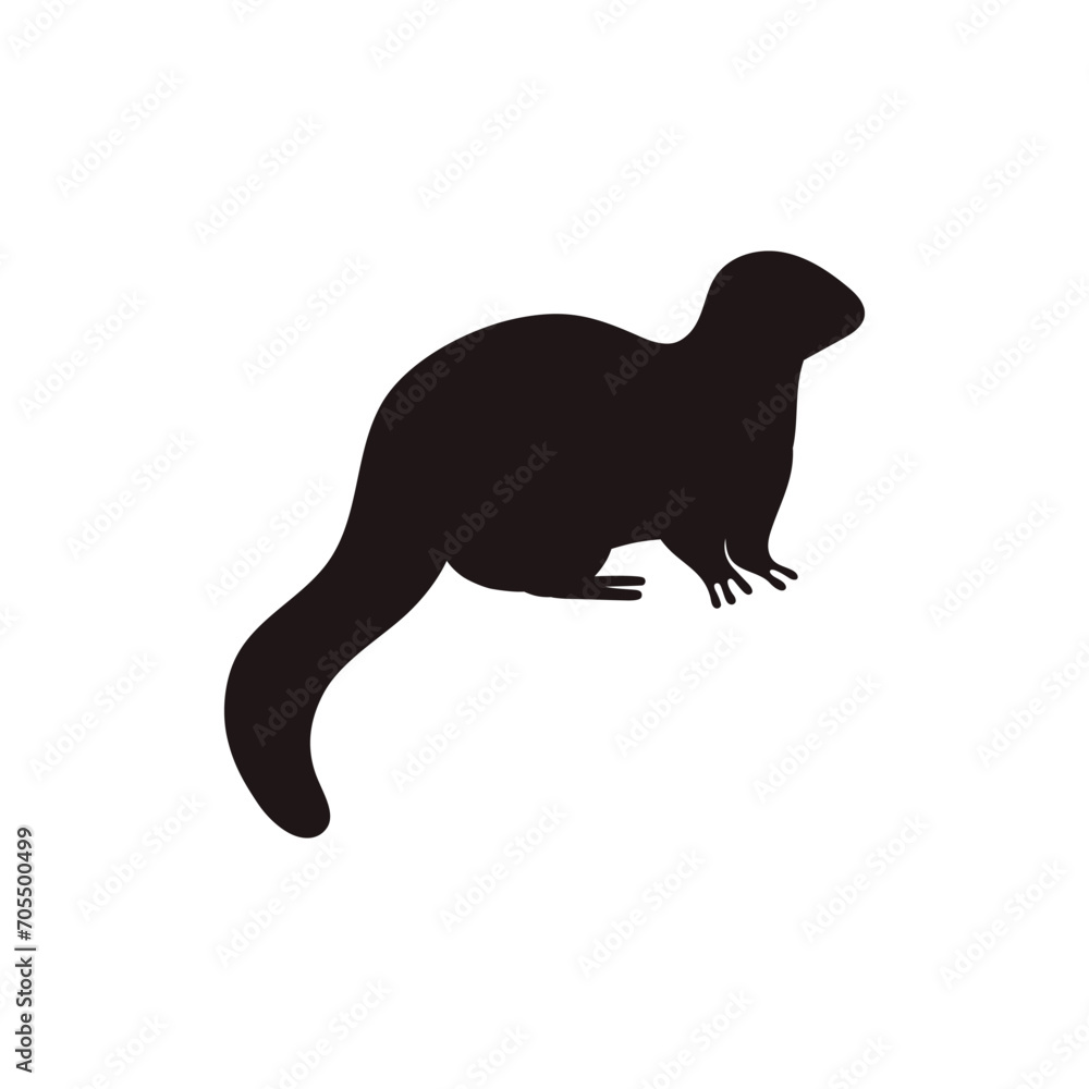 Sitting otter black silhouette icon, wild nature semiquatic Lutra or beaver animal, vector outline taiga forest mammal