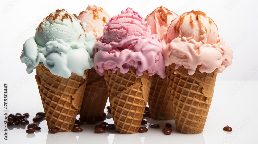 waffle cone ice cream with different flavors