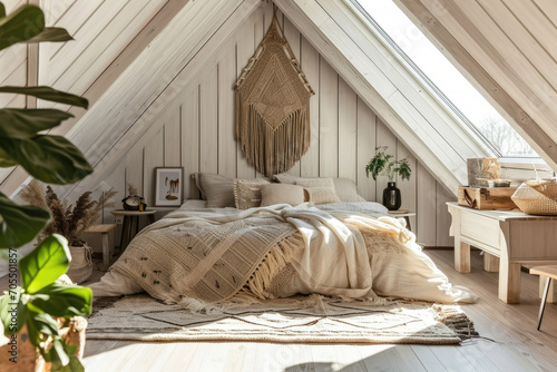 Interior cozy and wooden style of Bedroom that decorated with warm tone of oak wood, beige bed, lamp, rug and modern furniture, contemporary house room.