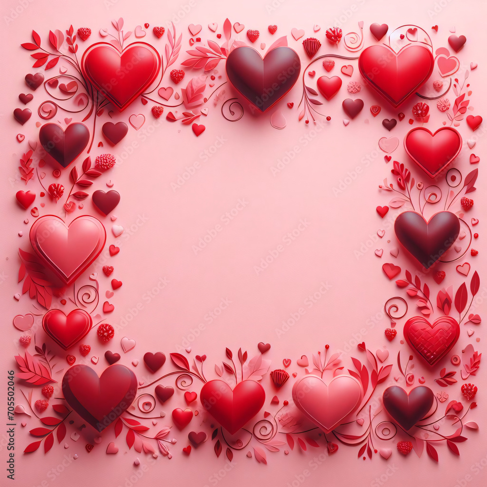 Heartfelt Array: Border of Various Red Hearts on Pink Background, Perfect for Valentines Greeting Card.
