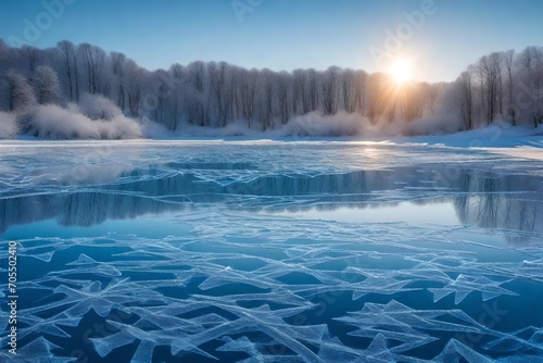 Icy patterns on a frozen pond's surface.