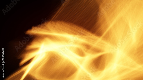 Abstract interpretation of bright and glowing motion blurred orange flames on black background. High resolution full frame modern and dynamic background with copy space.