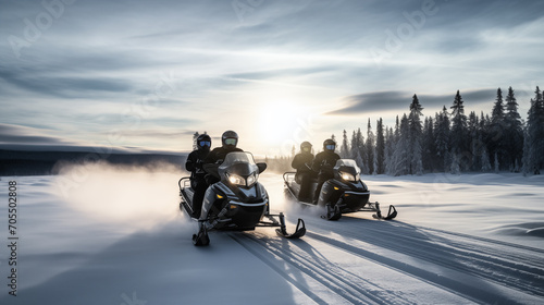 snowmobile at sunset in snowy path landscape